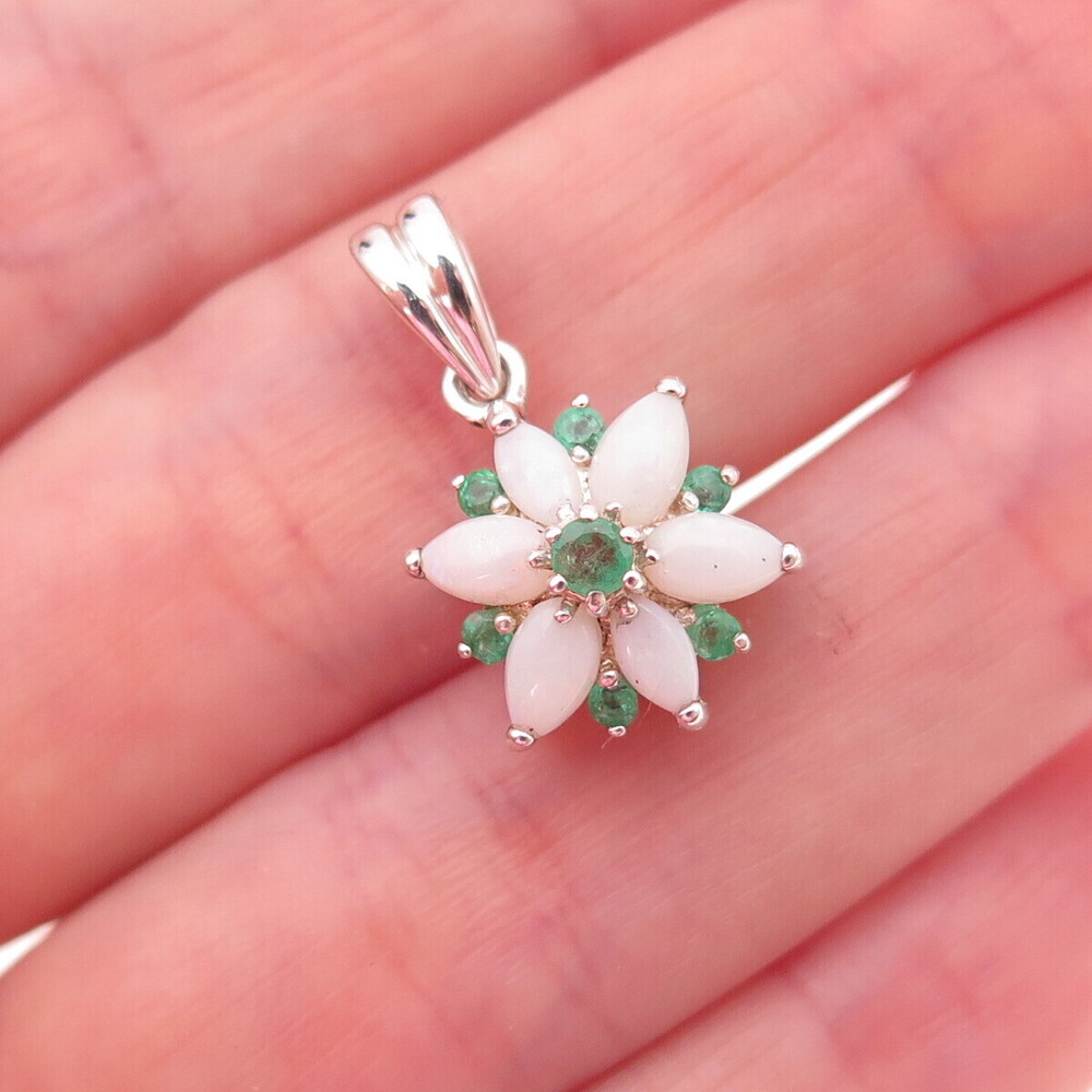 CNA Pranda 925 Sterling Silver Vintage Real Emerald & Opal Floral Charm Pendant